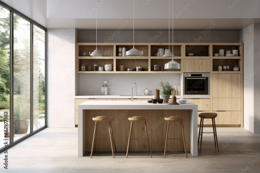 Modern scandinavian minimalist interior design of kitchen with island. Generative AI
