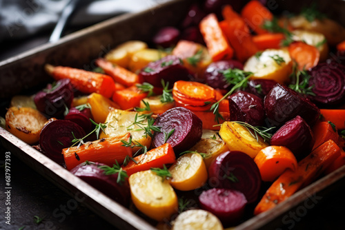 Roasted colorful autumn vegetables. Vegan cuisine. Grilled mixed vegetables. Generative AI