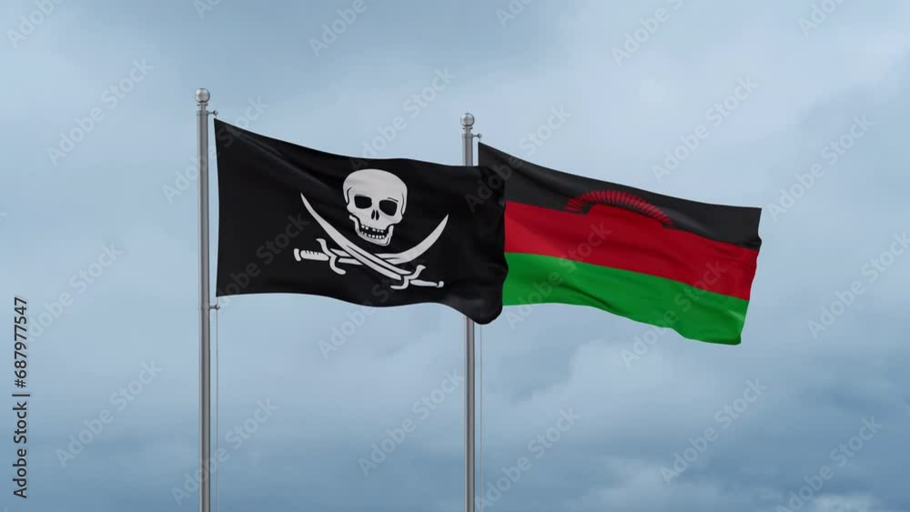 Malawi flag and Corsair flag waving together on cloudy sky, endless seamless loop, two country relations concept Malawi flag and Corsair flag waving together on cloudy sky, endless seamless loop, two country relations concept
