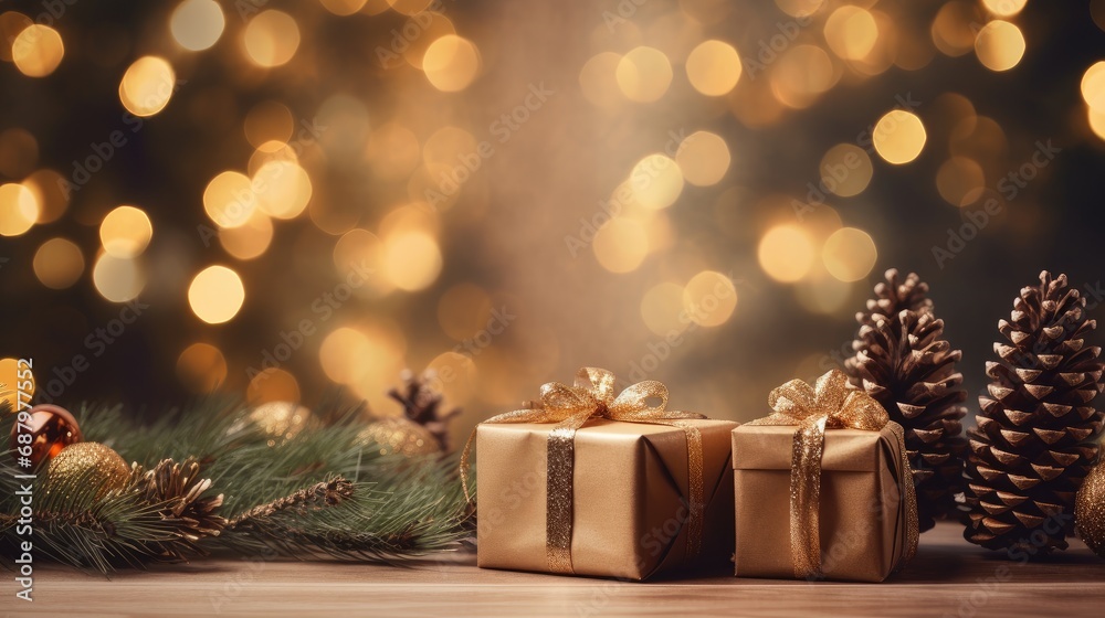 Festive Holiday Background: Christmas and New Year with Gift Boxes and Pine Cones Festive Holiday Background: Christmas and New Year with Gift Boxes and Pine Cones