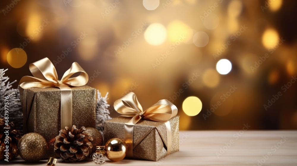 Festive Holiday Background: Christmas and New Year with Gift Boxes and Pine Cones