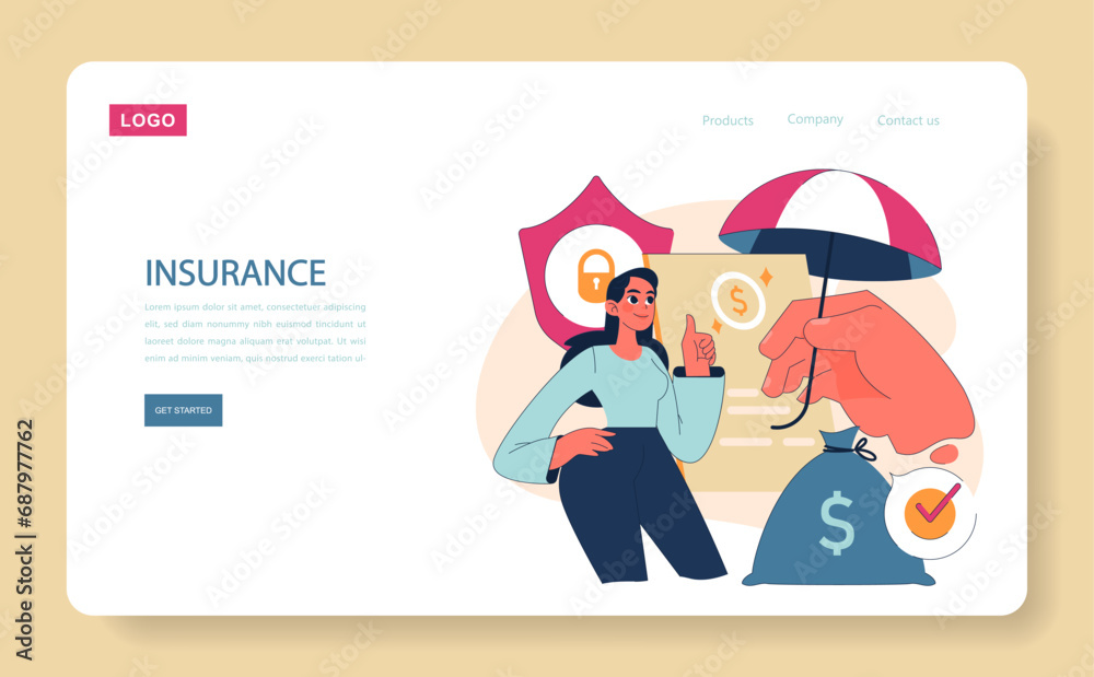 Comprehensive Insurance Concept. Confident woman acknowledging protection benefits with thumbs-up. Umbrella shields monetary assets. Security, coverage and assurance emphasized. Flat vector web. Comprehensive Insurance Concept. Confident woman acknowledging protection benefits with thumbs-up. Umbrella shields monetary assets. Security, coverage and assurance emphasized. Flat vector web.