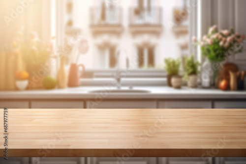 Empty wooden table in front of the blurred background of kitchen interior. Generative AI