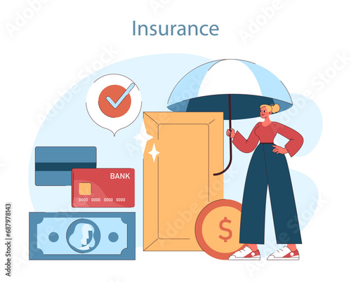 Financial planning. Safeguarding financial resources through insurance. A strategic approach to protection and saving. Flat vector illustration