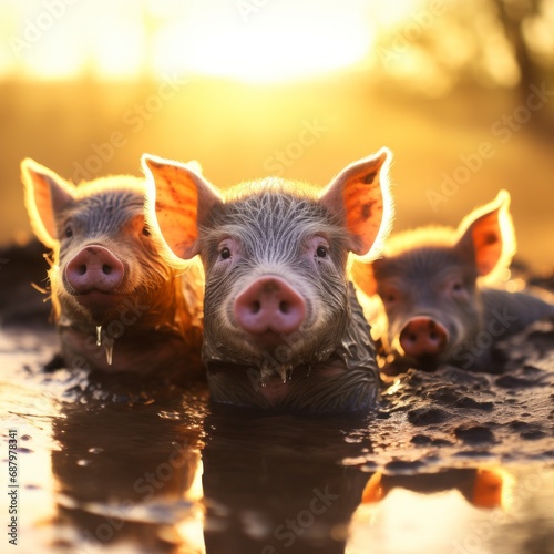 a group of pigs in a puddle