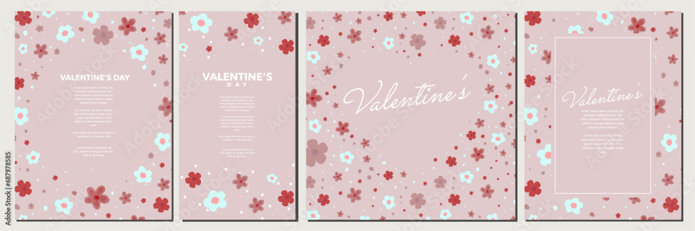 Valentine's Day Pink Template Designs with pink, red, and white flower patterned frames. Floral romantic letter, card designs.  Vector Illustration. 