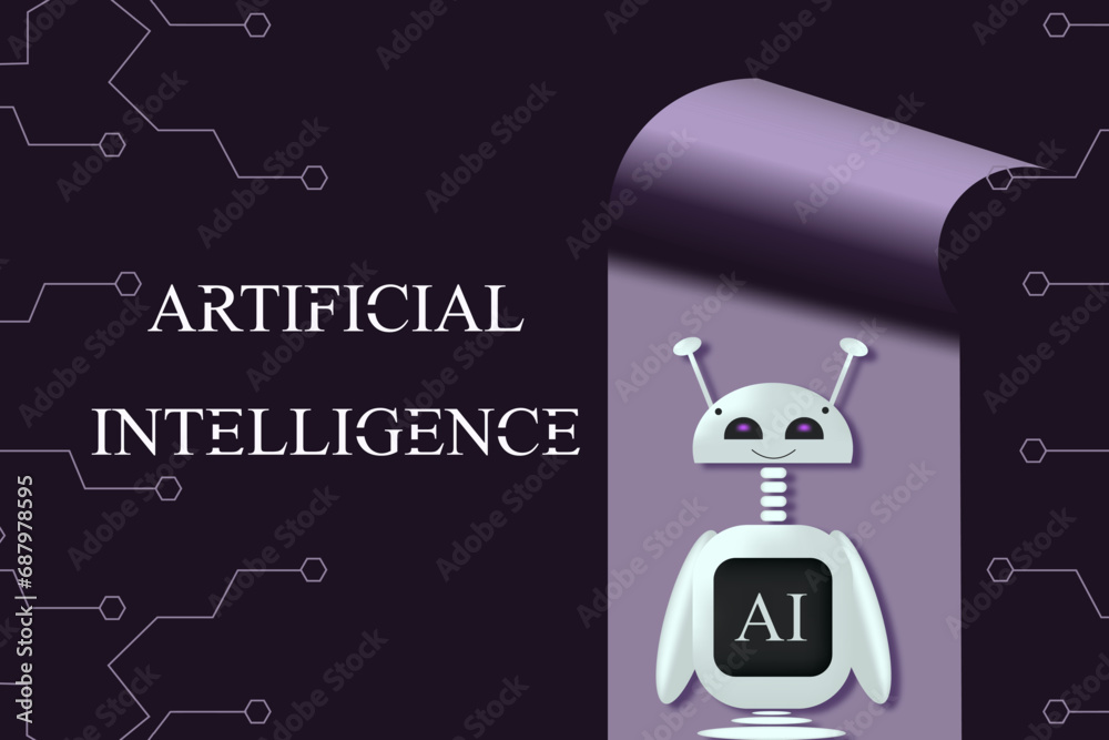 Naklejka premium 3d android Robot on Futuristic cut out paper style background. Artificial Intelligence character on dark Chip background. Vector illustration can used web banner, poster and social media.