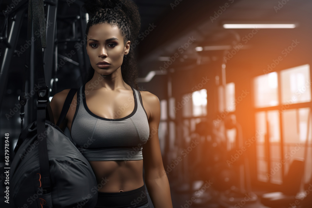 Portrait of beautiful fit woman with fitness bag at gym. Portrait of beautiful fit woman with fitness bag at gym.