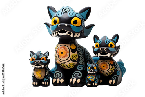 a figurine of a lovely Dragon family   Very cute colorful designs  Chinese traditional folk mud dog art style