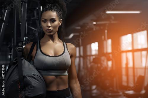Portrait of beautiful fit woman with fitness bag at gym.