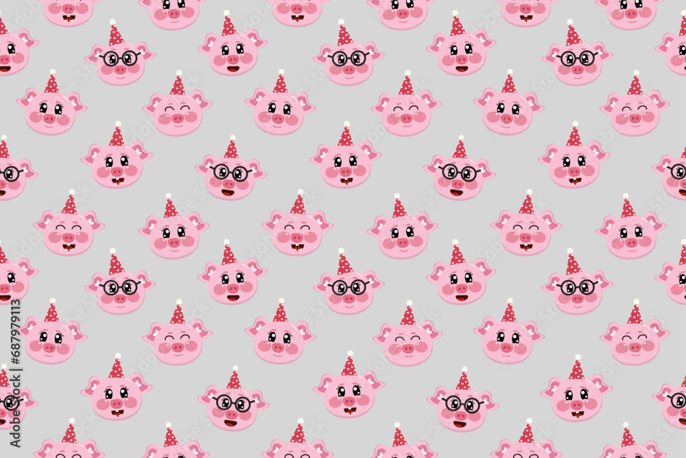 Seamless pattern with kawaii pigs with happy birthday cap