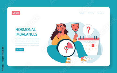 Hormonal imbalances web or landing. Woman evaluates hormonal imbalances using masks, highlighting fluctuating moods with menstrual calendar. Reproductive health awareness. Flat vector illustration