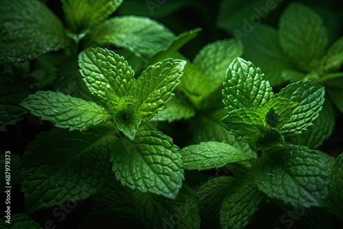 closeup of green leaves in a mint plant. mint growing in a garden