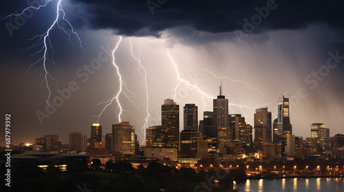 A spectacular lightning storm in a metropolitan backdrop displays the magnificence of nature.