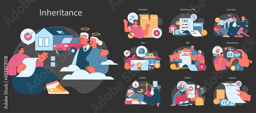 Inheritance dark or night mode set. Estate planning, tax considerations, and executor duties. Testament administration, property transferring paper. Flat vector illustration