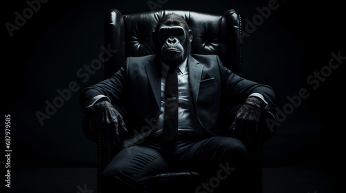 A gorilla in a suit sitting on a chair