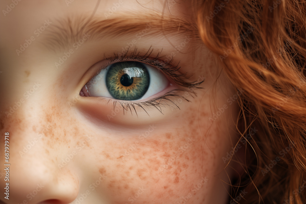 Close up portrait of a cute little girl with curly red hair