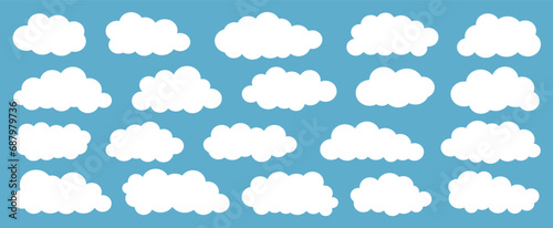 Fototapeta Naklejka Na Ścianę i Meble -  Big set of cartoon different clouds on blue sky. White various cloud collection isolated on blue background. Blue cloudy sky, weather symbols. Graphic design elements template. Vector illustration