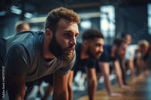 Group of sporty men in row workout together at gym. photo
