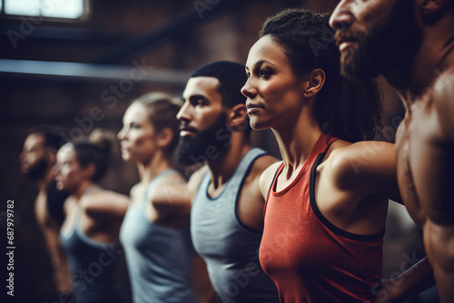 Group of diverse sporty women and men in row exercising together at gym.