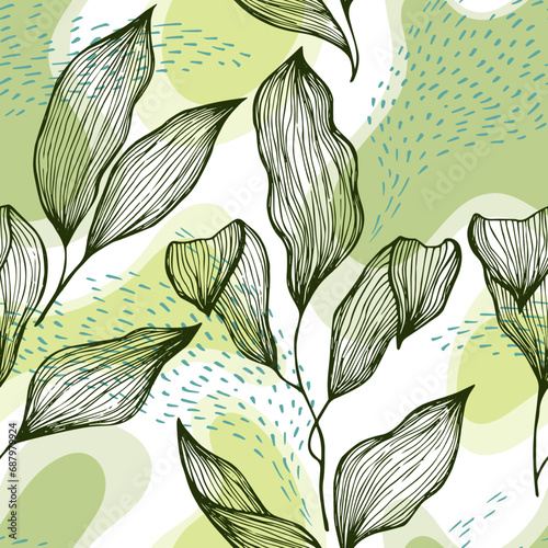 Sketch style doodle line texture leaves over stains and dots seamless vector ...