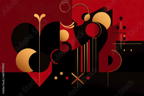 Hearts and bauhaus style. Valentine card in Dark red  chocolate brown and gold colors.