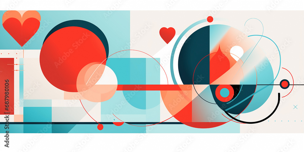 Hearts and bauhaus style. Valentine card in turquoise, coral and white colors.