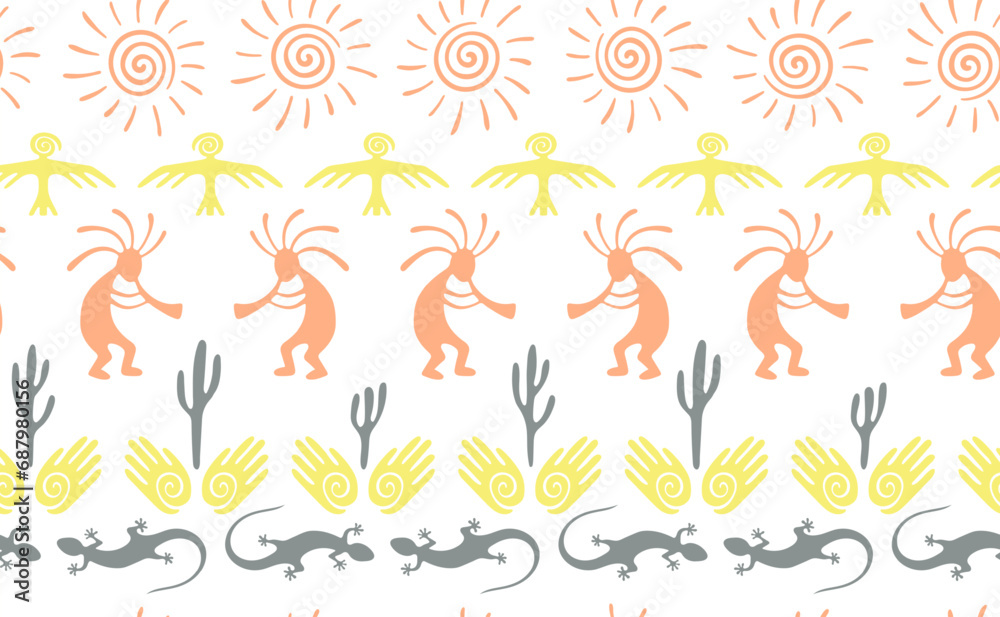 Kokopelli with flute, pangolin, hawk, sun symbol, hands and plant tribal vector seamless pattern.