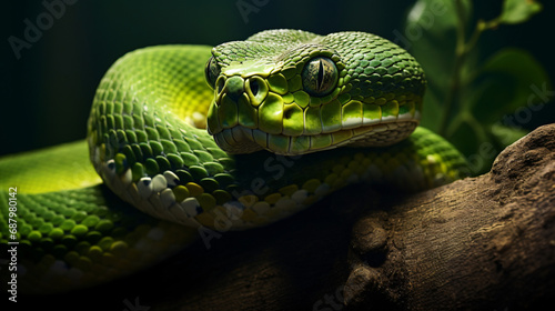 A green snake is sitting on a tree branch