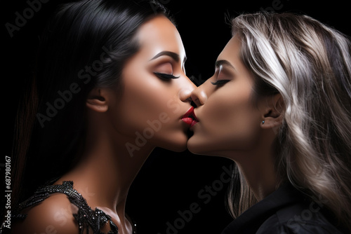 Side view of beautiful young lesbian couple kissing isolated on black background. photo