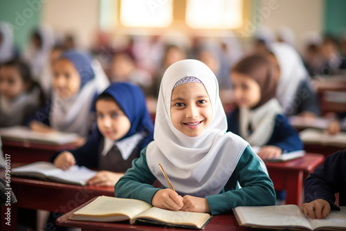 Portrait of Muslim girl in hijab making notes in copybook while sitting by her classmates at classroom. photo