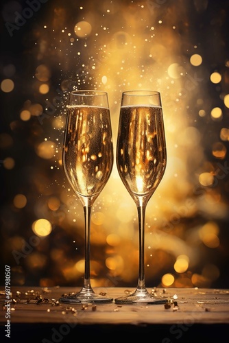 Champagne or champagne glasses on a wooden surface with bokeh  in the style of gold