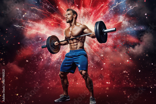Muscular athletic bodybuilder lifting heavy weights against explosion of red powder background. Bodybuilding and healthy life concept.