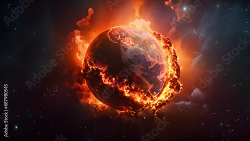 Earth on fire. Planet earth with fire flames in space . Burning War atomic explosion,hydrogen bomb,nuclear bomb,environment pollution concept. End of the world copy space photo