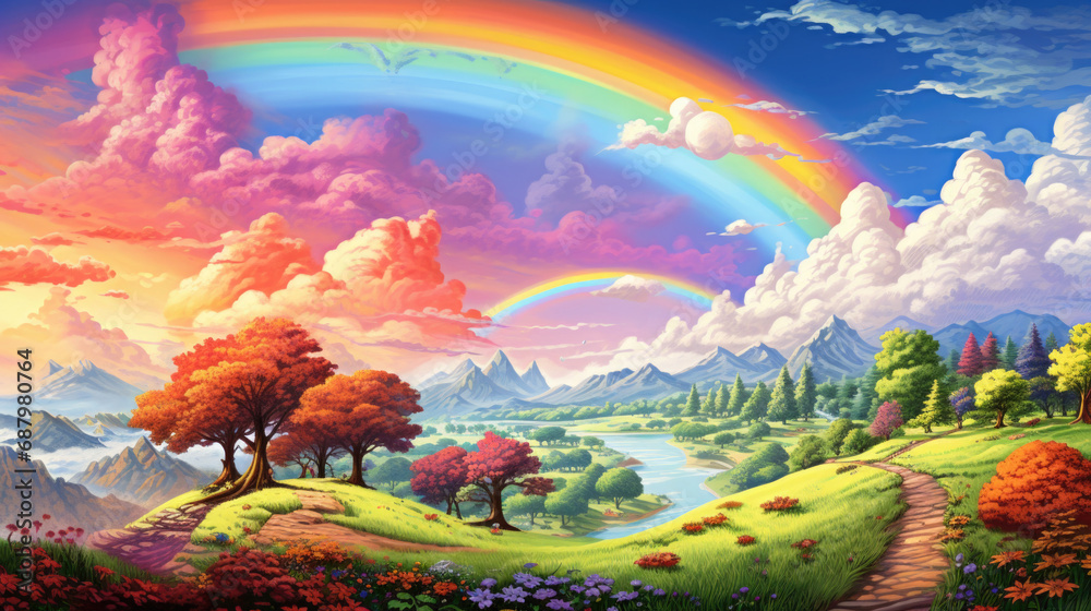 Colorful landscape painting with rainbow and mountains. Art and creativity.