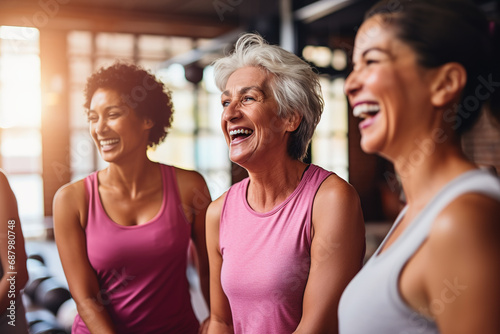 Group of mature women laughing while telling jokes after fitness class at health club. Conversation and comedy concept. Exercise, bonding and happy multi generation women chatting together at gym. photo