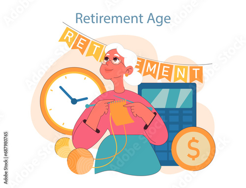 Joyful elderly woman celebrates the transition to retirement age, knitting beside a grand clock and savings. Banner exclaims her new phase, with calculator hinting at financial planning.