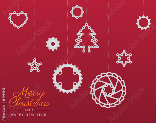 Vector Christmas theme. Bike components as Christmas decorations. Red background.