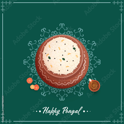 Happy Pongal Celebration Concept With Top View Of Traditional Dish In Mud Pot And Lit Oil Lamp (Diya) on Teal Green Rangoli Background.