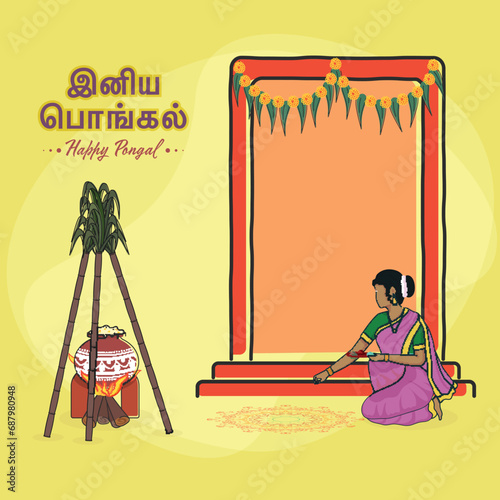Tamil Lettering Of Happy Pongal with Woman Making Rangoli Near Door and Traditional Dish Cooking at Bonfire and Sugarcanes on Yellow Background.