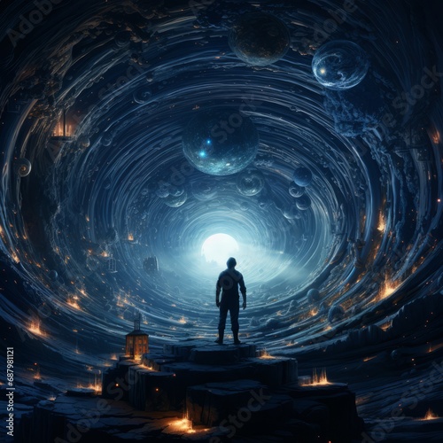 a man standing in a tunnel with lights and planets