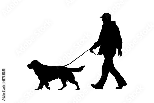 silhouette of man with dog walking isolated on white background	
