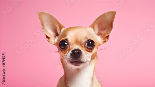 cute little pet dog chihuahua headshot on studio photo shot on pink color background, copy space. Generative AI photo