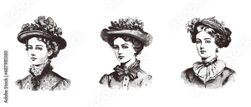 Set Vector portrait of a woman. Vintage Illustration in engraving style isolated on white victorian era Elegant woman in Hat	
