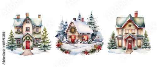 Vector watercolor winter cozy house illustrations. Set Hand drawn modern home with snowy fir trees isolated on white background. Woodland house cabin for cards, celebration design	