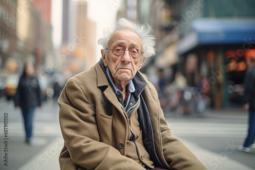 portrait of an elderly man, a pensioner against the background of the city photo