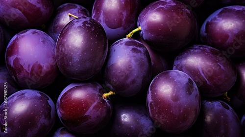 Photograph a bundle of plump, purple plums piled together, their smooth skins showcasing their rich color.