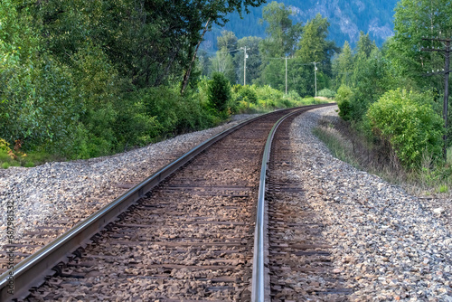 Low angle view over railroad tracks in a mountainous and forest area, curving and disappearing in the distance between the trees in Western Canada