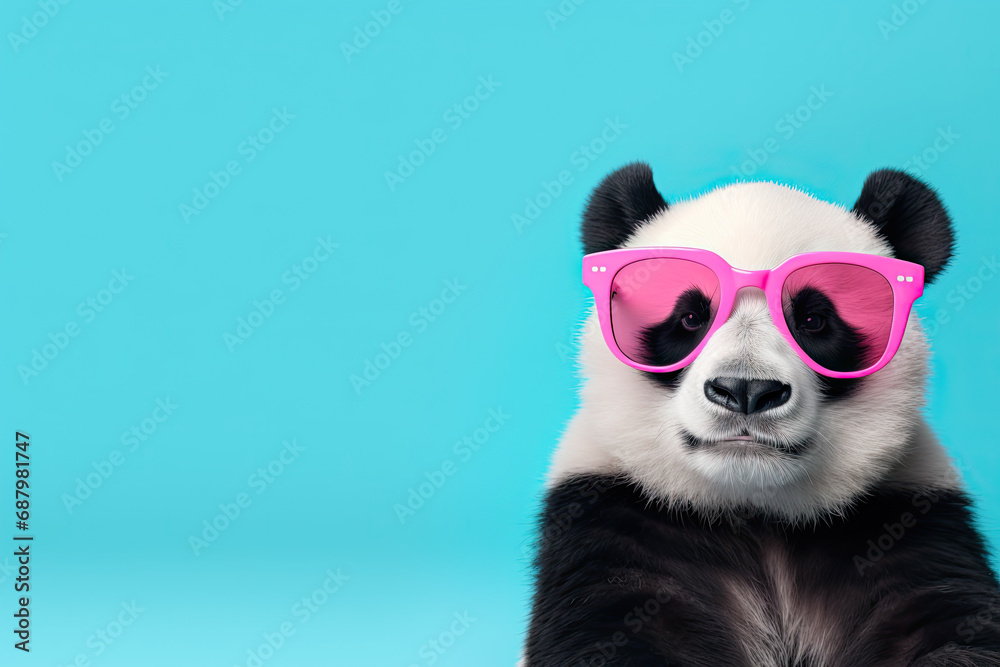 cute panda bear with pink sunglasses on blue background with copy space cute panda bear with pink sunglasses on blue background with copy space