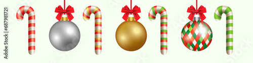 Set of Christmas decorations. X mas ball, bow knot and candy cane. 3D design. Red, green, gold and silver colors and textile pattern. Realistic decorative xmas balls and candy canes. Gift elements.